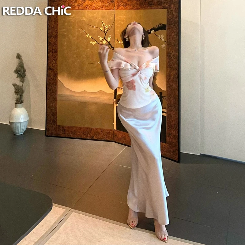 REDDACHiC Vrouwen Bloemen Top Satijnen Rok Set Off Schouder V-hals Top Fishtail Gedrapeerde Glanzende Maxi Lange Rok Elegante Formele Kleding