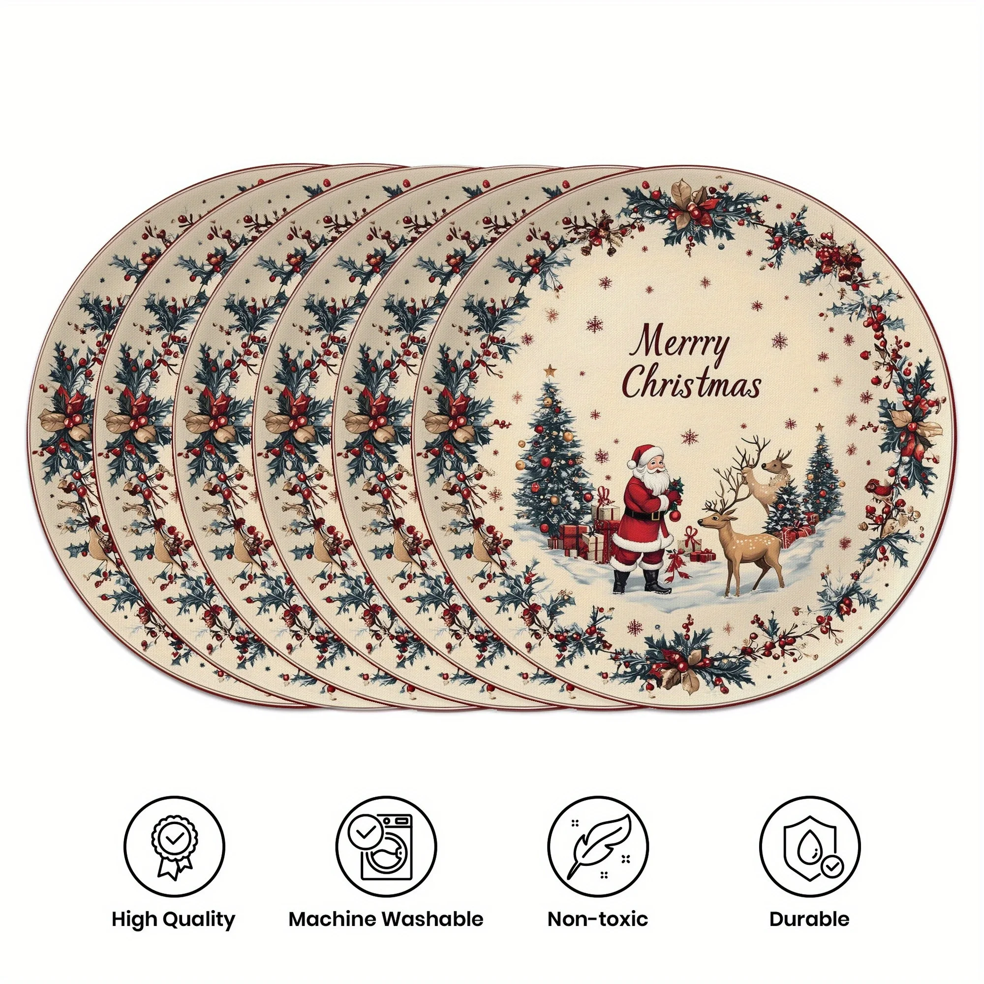 VIKAMA 6PC Christmas Holly Berry Reindeer Meal Mat Holly Leaves Red Berry Reindeer Snow Table Restaurant Christmas Decoration