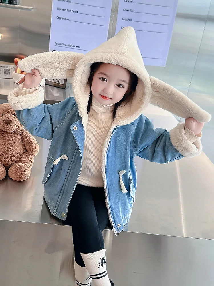 Girls' Cute Rabbit Ear Denim Plush Jacket 2023 New Winter Fashion Drawstring Pockets Thickened Hooded Coat Lively Windproof Top