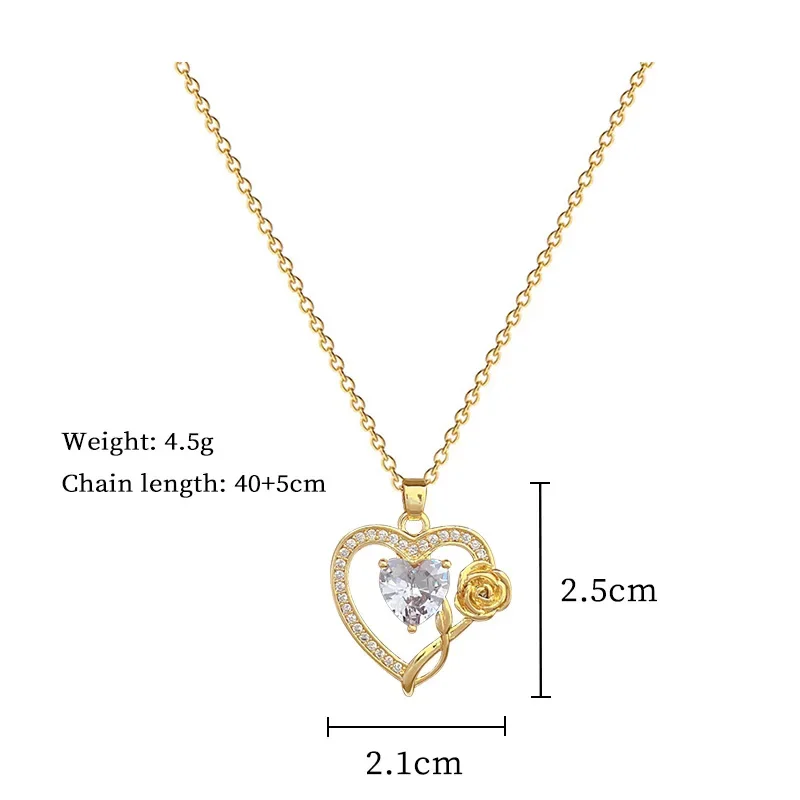 Love Heart Rose Luxury Zircon Pendant Necklace Women's Versatile Clavicle Chain Titanium Steel