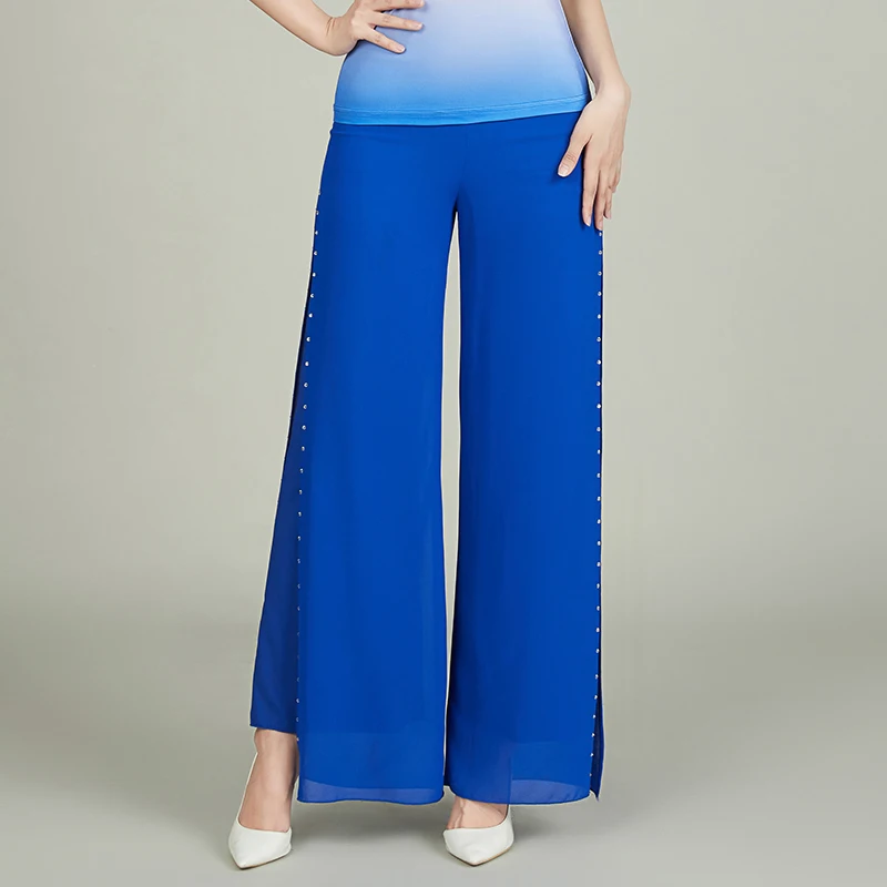 Ballroom Dance Pants Women's Summer New Chiffon High-waisted Wide-leg Trousers Split Loose  Diamond-studded Latin Modern Clothes