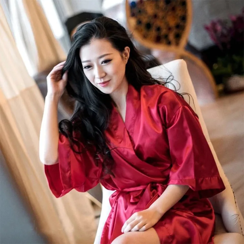 Summer Women Nightgown Sexy Nightdress Lady Kimono Bathrobe Gown Negligee Champagne Chinese Bride Wedding Robe Satin Sleepwear