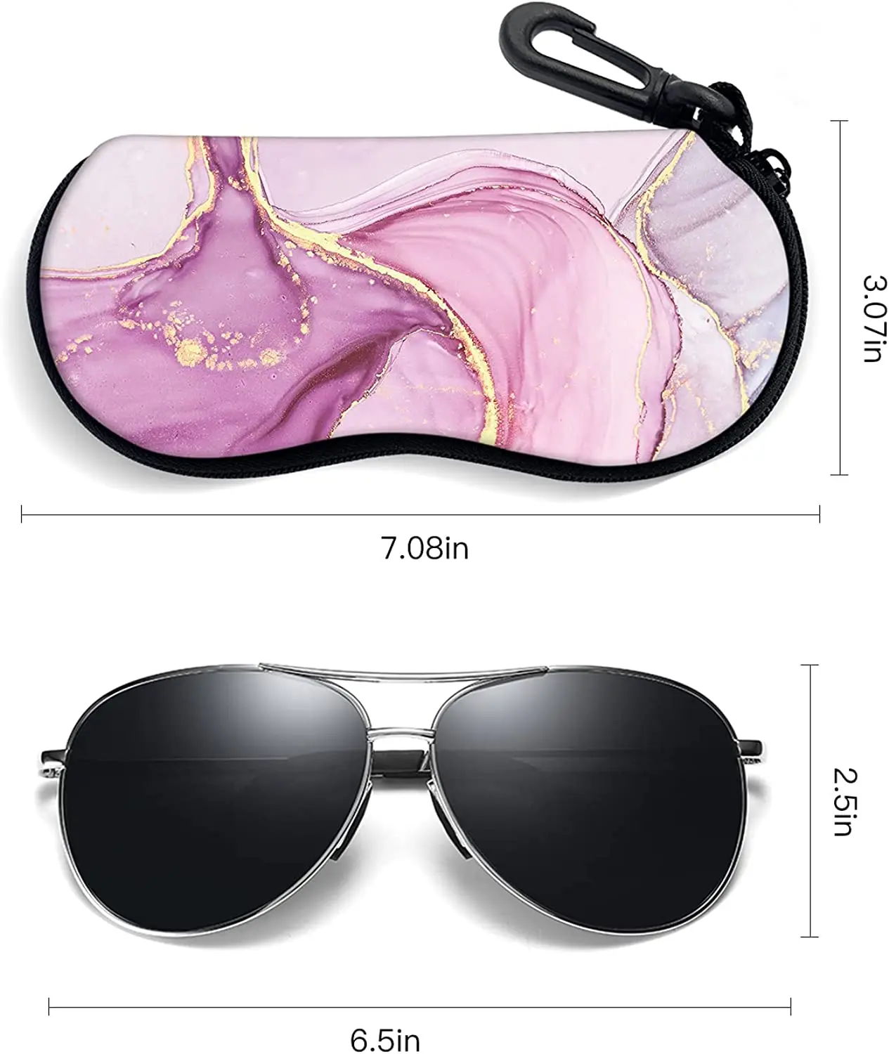 Pink Marble Sunglasses Soft Case with Carabiner Ultra Light Neoprene Zipper Eyeglass