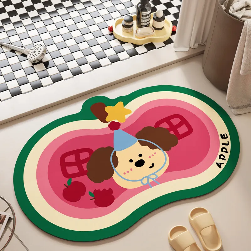 Cute Cartoon Puppy Apple Irregular Doormat, Wavy Edge Colorful Letter Print Floor Mat, Water Absorbent Non Slip Bath Rug for Bat