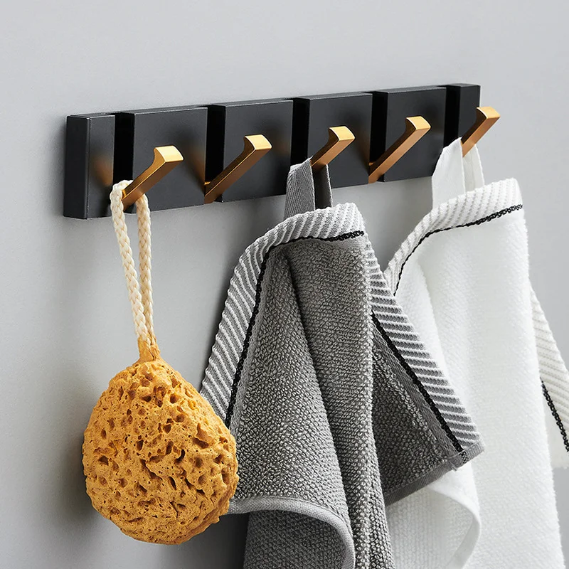 Folding Towel Hanger 2 ways Installation Wall Hooks Coat Clothes Holder for Bathroom Kitchen Bedroom Hallway, Black Gold