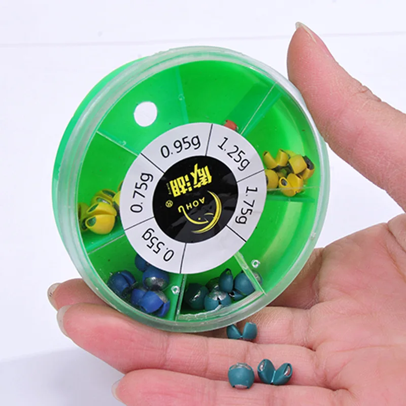Plomo de pesca, 1 caja, 5 tamaños, apertura, aparejo de tiro dividido, plomo para pesca, peso de plomo, Clip para morder, dispensador, caja de accesorios