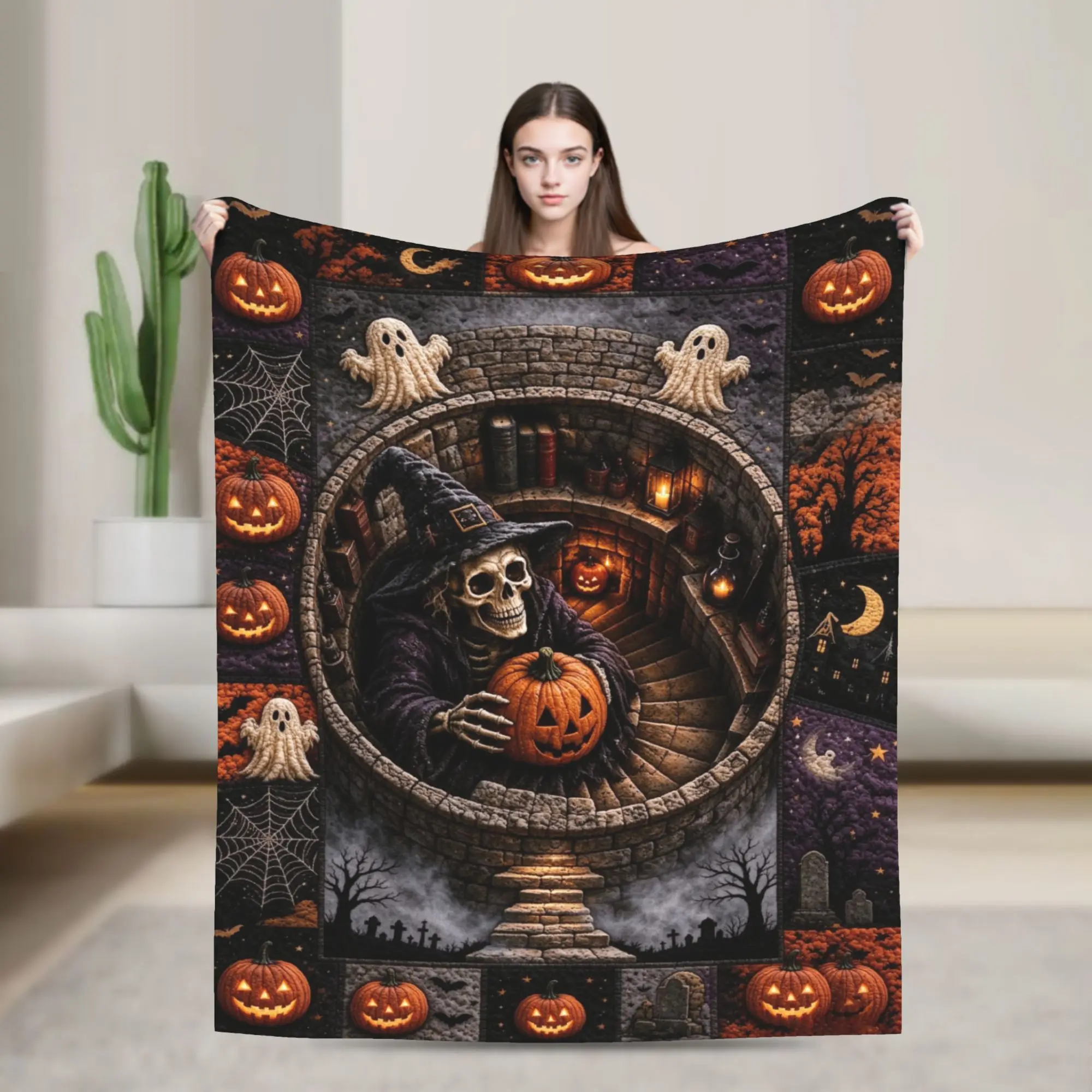 3D Illusion Halloween Blanket Fleece Decoration Witchy Ghost Breathable Ultra-Soft Throw Blankets Sofa Travel Plush Thin Quilt