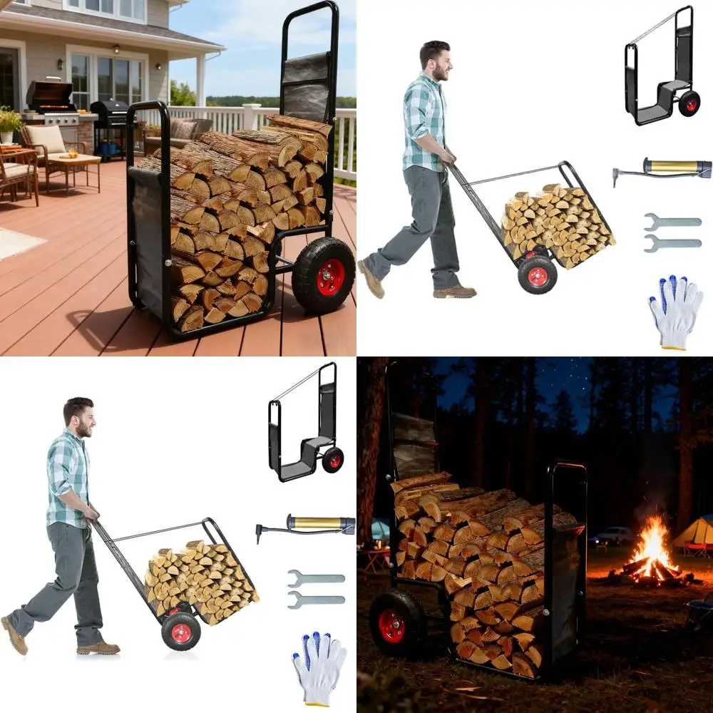 Chariot à bois de chauffage robuste d'une capacité de 220 lb, pneus pneumatiques, idéal pour les cheminées extérieures