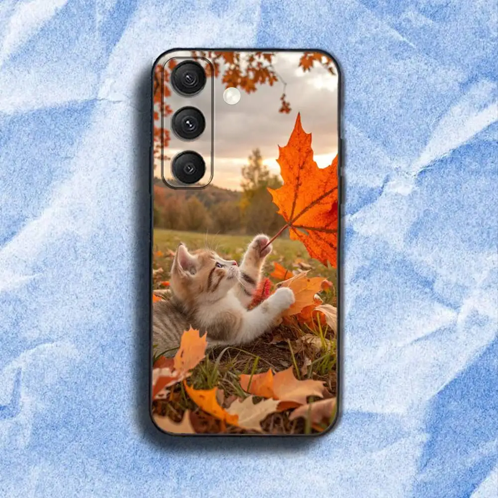 A-Autumn L-leaves cat 電話ケース Samsung S 25、24、23、22、30、21、10、9、ウルトラ、プラス、ライト、FE、4、5G ブラックソフトケース