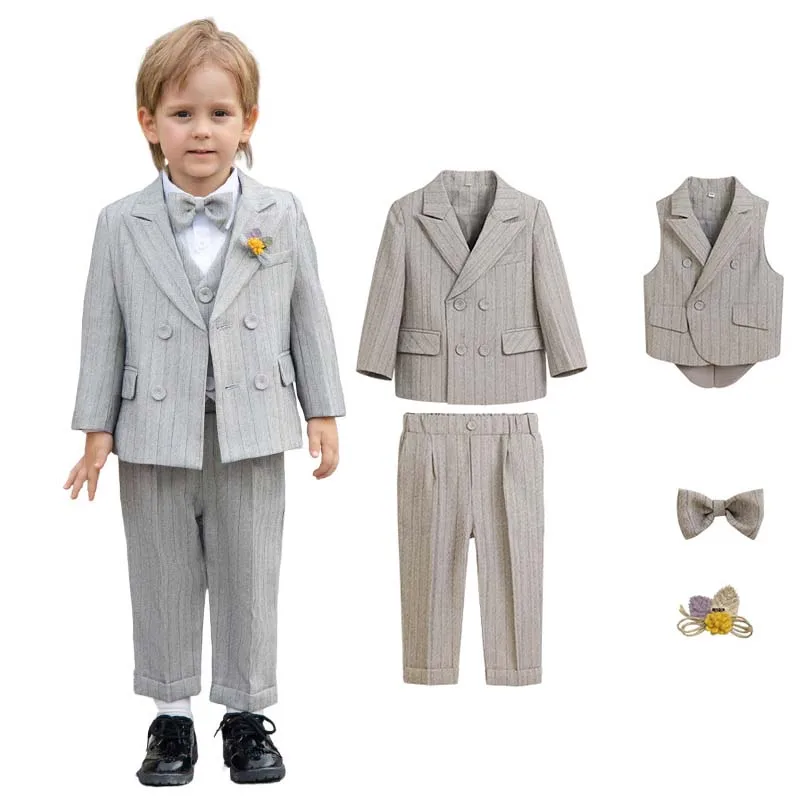 

Kids Jacket Vest Pants Bowtie Flower 5PCS Ceremony Tuxedo Dress Boys Suit For Wedding Children Photograph Performance Costume