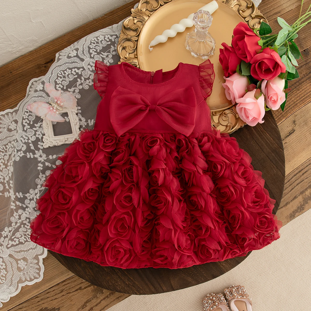 

Baby Girl Clothes Summer Bow And Dimensional Flower Solid Color Puffy Girl Kid's Dress Cute Gorgeous Baby Girl Dress