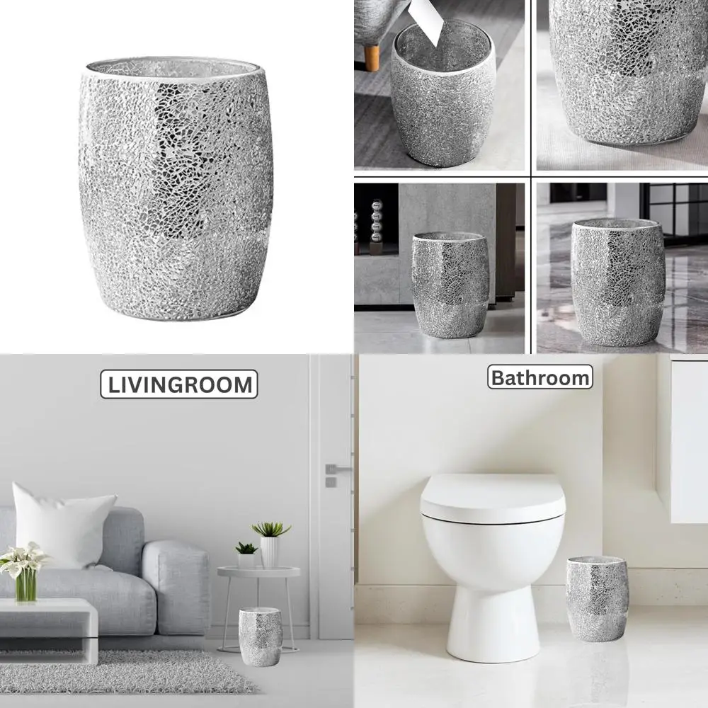 

Luxury Silver Mosaic Glass Trash Can, 5L Capacity, 7 x 10 Inches, Suitable for Bathroom, Bedroom, Office, Kitchen Waste Basket