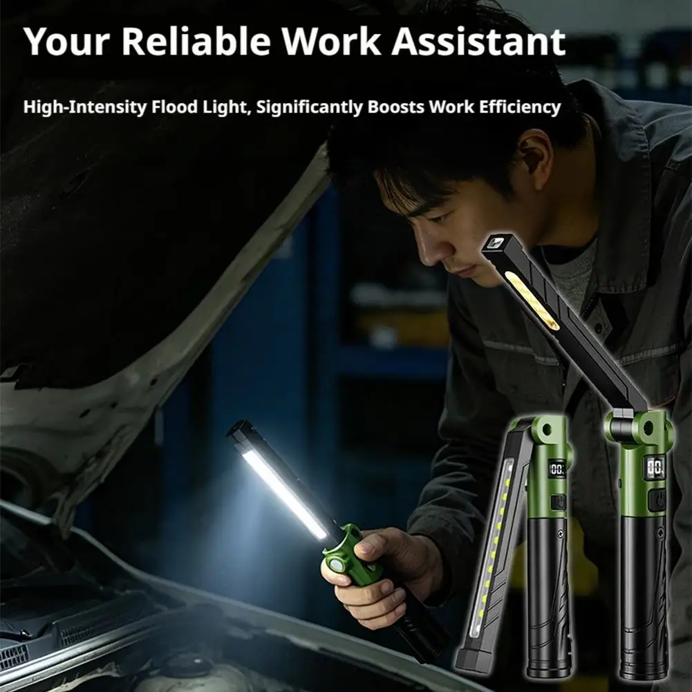COB LED Rechargeable Work Light Magnetic Base Foldable Flashlight Digital Power Display Waterproof Repair Lamp Auto Accessories