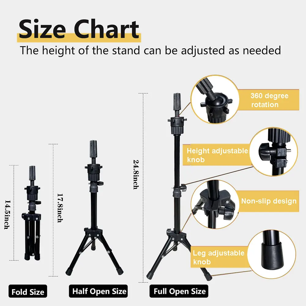Tripod Wig Stand with Canvas Head for Styling