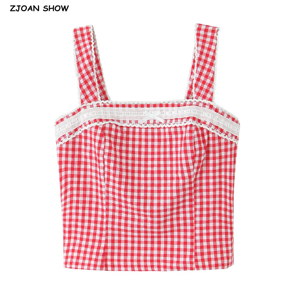 

2025 Sexy Red White Plaid Spliced Lace Slash Collar Tank Women Slim Camisole Ruched Elastic Back Zipper Crop Top Bra Tank Vest