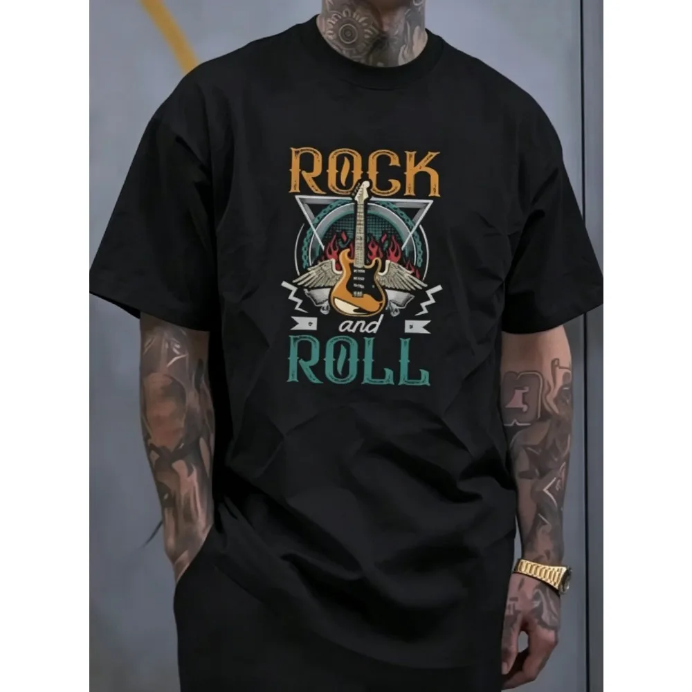 2026 New Rock And Roll Guitar Wings Graphic T-shirt Men Women Flame Print Short Sleeve Tops Vintage Music Streetwear Casual Tees