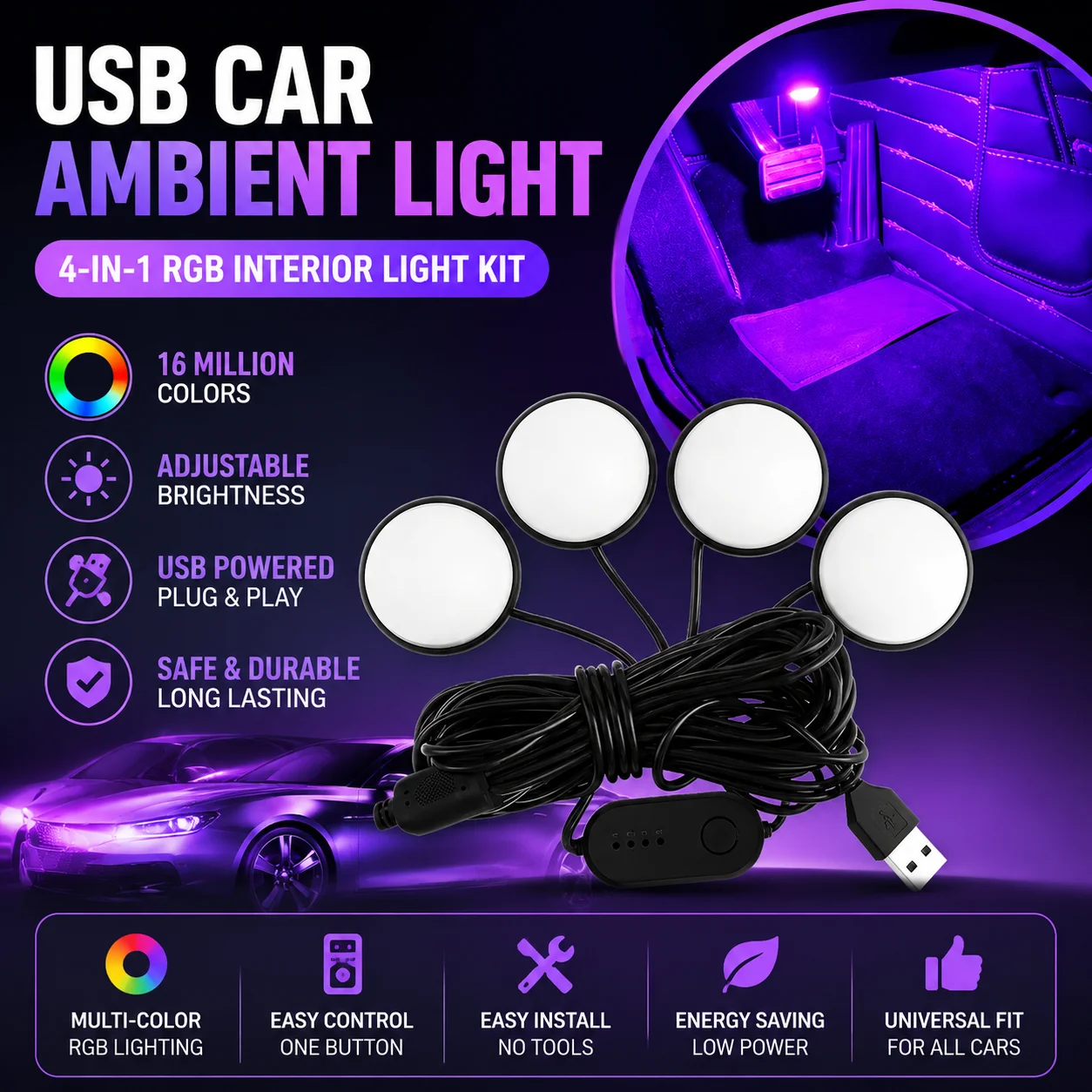 

5V LED RGB Car Interior Backlight Ambient Mood Foot Light With USB Lighter Decorative Atmosphere Lamp Auto Accessories