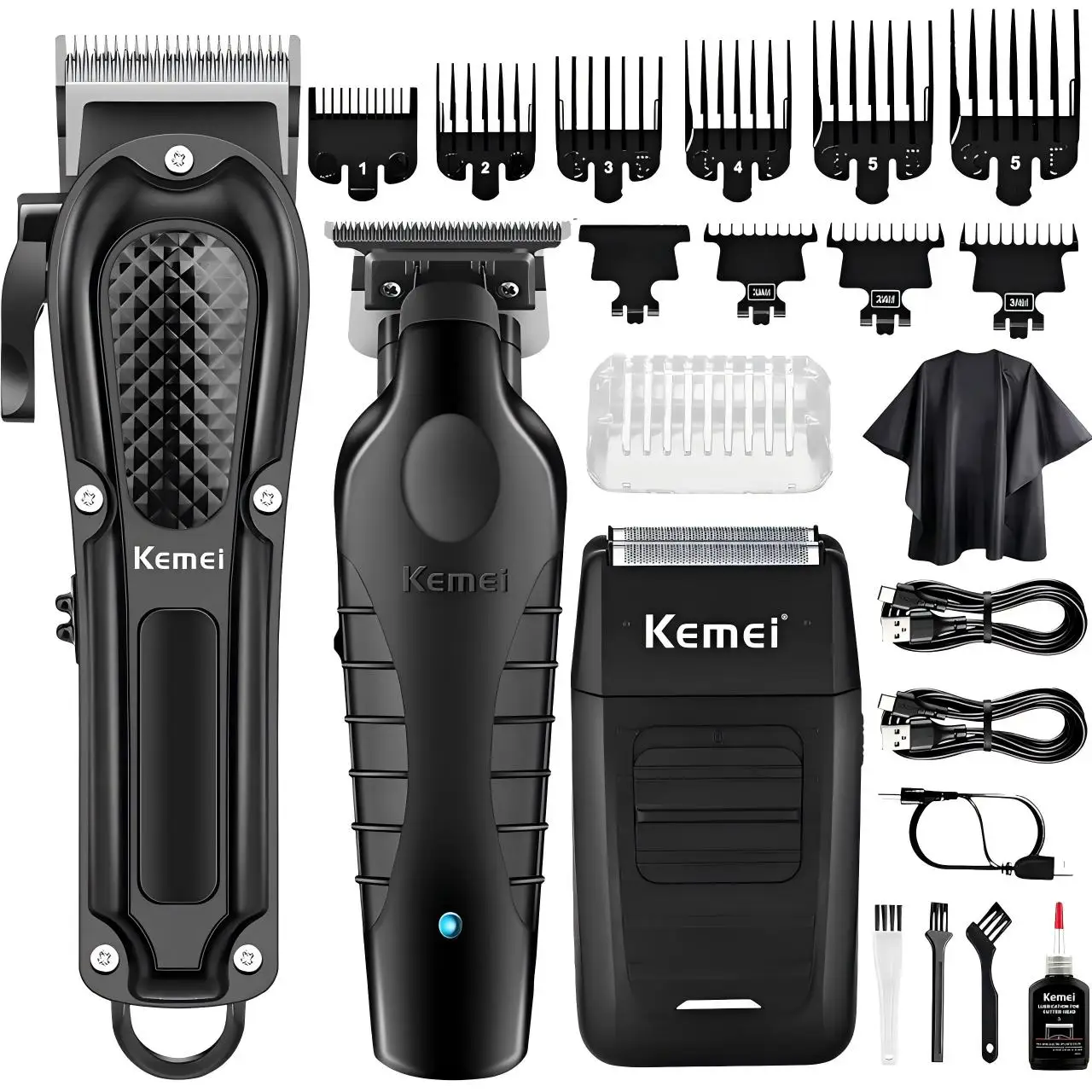 Kemei KM-1071 2299 1102 Haircut Set Professional Salon Electric Clippers Engraving Clippers Reciprocating Whitening Shaver USB Rechargeable Hair Trimmer 3-Piece Set