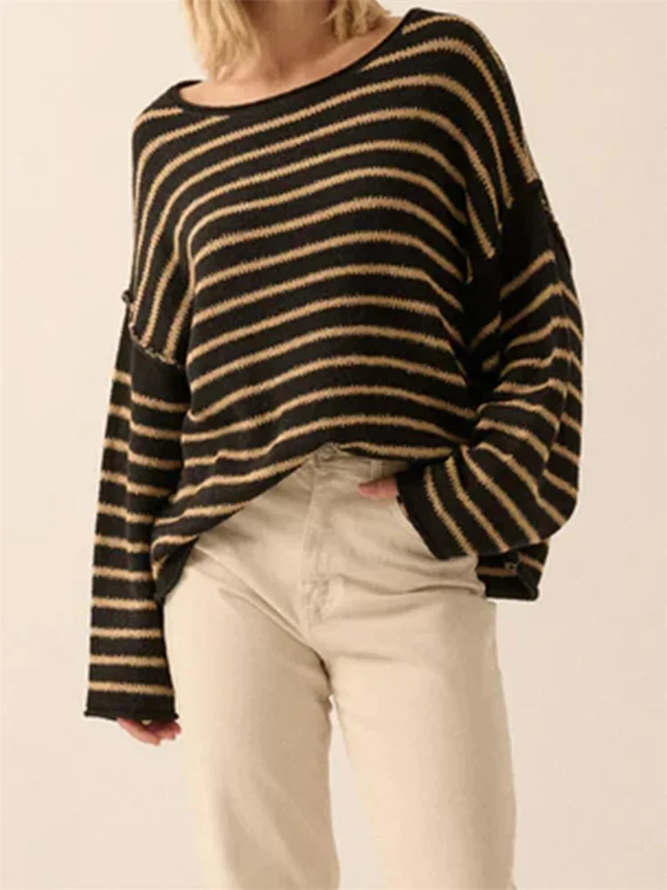 2024 Fashion Women Loose Casual Knitted Sweaters Striped Long Sleeve Round Neck Pullovers Spring Fall Jumpers Tops Streetwear