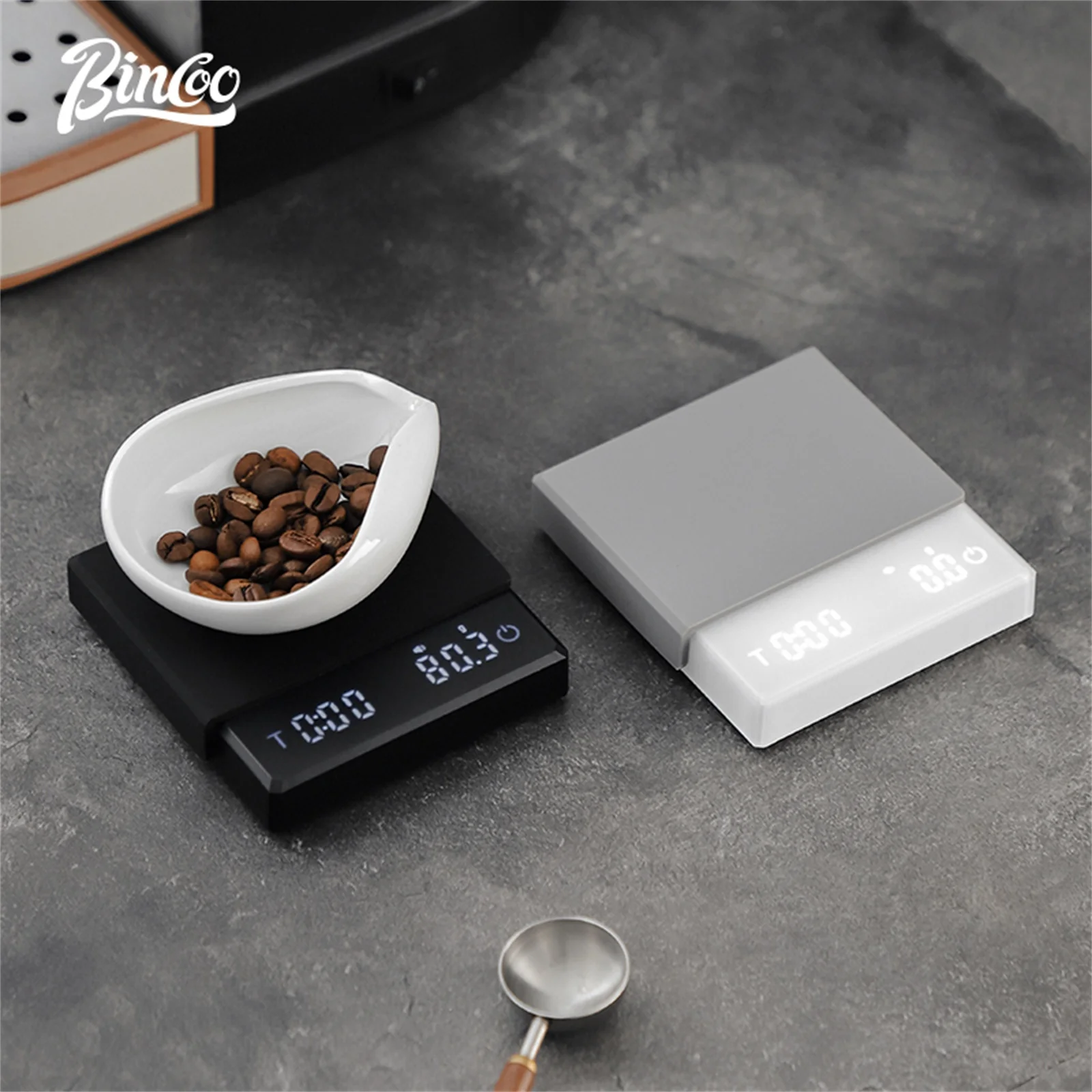 Bincoo مقياس القهوة الاحترافي مؤقت ذكي صغير 2 كجم/0.1 جرام جرام/أونصة/مل مقياس المطبخ الرقمي عالي الدقة أداة باريستا المنزلية