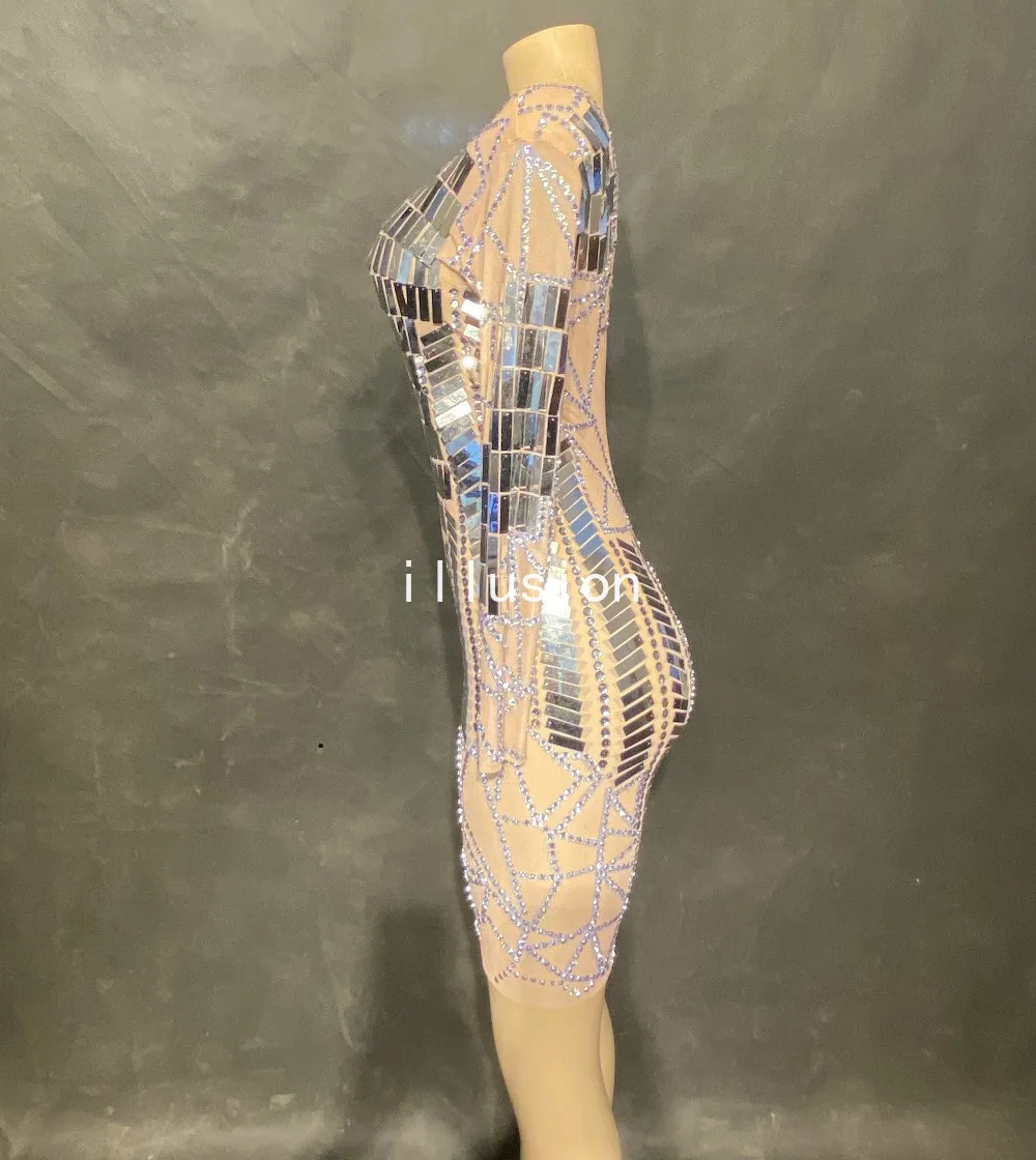 Seksowne świecące cyrkonie srebrne lustra sukienka siatkowa prześwitująca sukienka damska impreza urodzinowa świętuj sukienka kostium taneczny dla piosenkarza