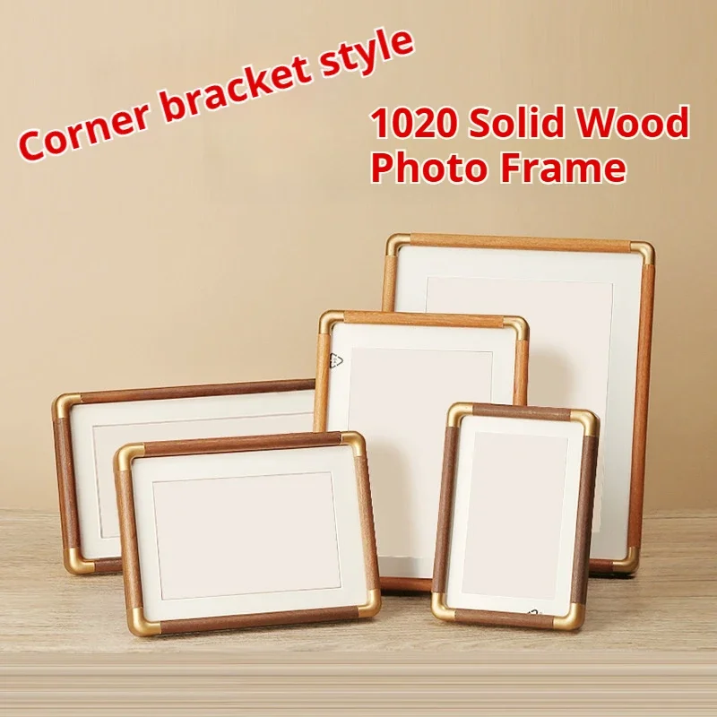 Solid Wood Photo Frame Decorative Tabletop Picture Frame in Mahogany Teak Colors with Faux Copper Corners Artwork Home Decor