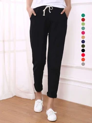 JMPRS 100% Cotton Linen Women Pants Summer Drawstring Ankle-Length Pants Elastic Waist Thin Solid Korean Fashion Ladies Trousers