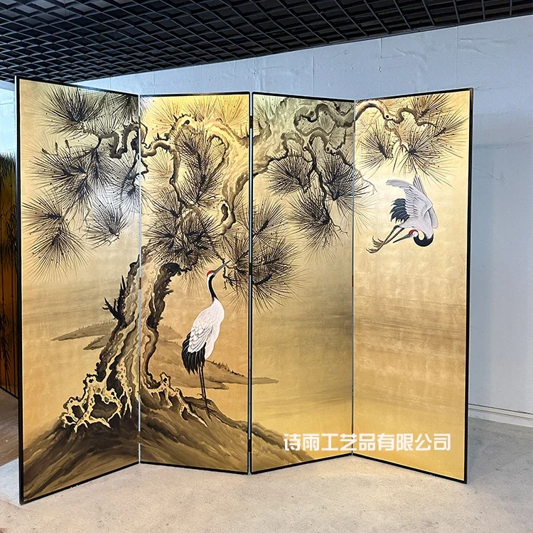 

Custom folding screen partition hand-painted gold foil lacquer painting screen ancient pine Japanese style crane