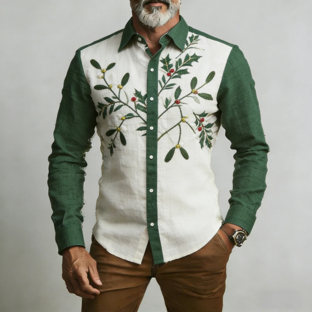 

Men's New Linen Christmas Reindeer Hat 3D Printed Shirt Hawaiian Vacation Casual Long-sleeved Lapel Shirt Men's Party Clothes