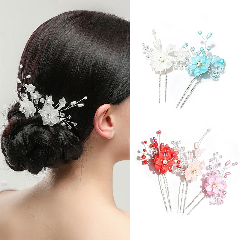 Bridal Acrylic Flower U‑Shape Hairpins Women White Red Pink Flower Hair Pins Wedding Party Prom Hair Decorations For Women Girls
