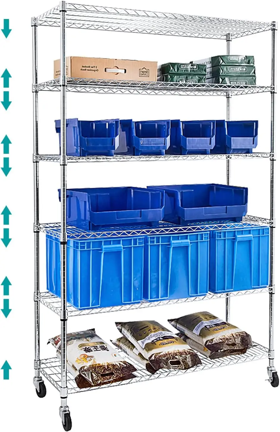 BNSPLY 6 Tier Wire Shelving Unit with Wheels, Commercial NSF-Certified Adjustable Wire Shelves, Mobile Metal Storage Rack