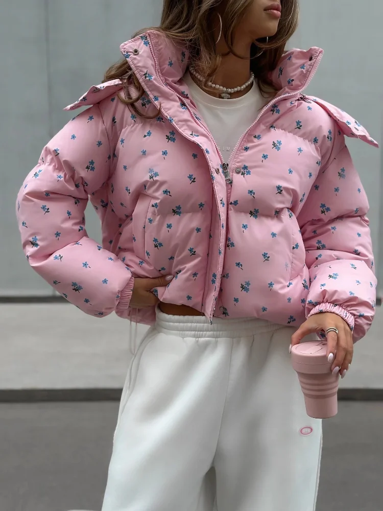 Floral Print Women Puffer Jacket Zip Up Hooded Collar Long Sleeve Quilted Padded Parka Winter Street Casual Classic Overcoats