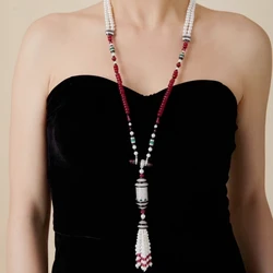 Red White Pearl stone Tassel Pendant Beads Chain Long Necklaces  Luxury Designer Jewelry for Women Wholesale
