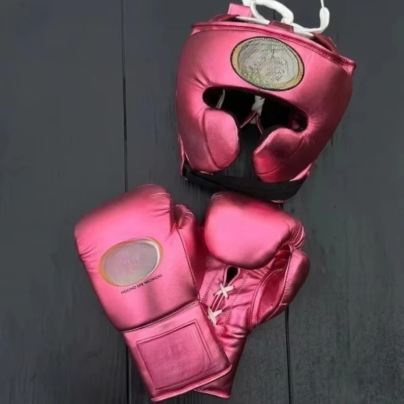No Boxing No Life Mexican Style Breathable Lace-Up Leather Adult MMA Gloves and Cheek Bar Head Protector - Customizable Pink