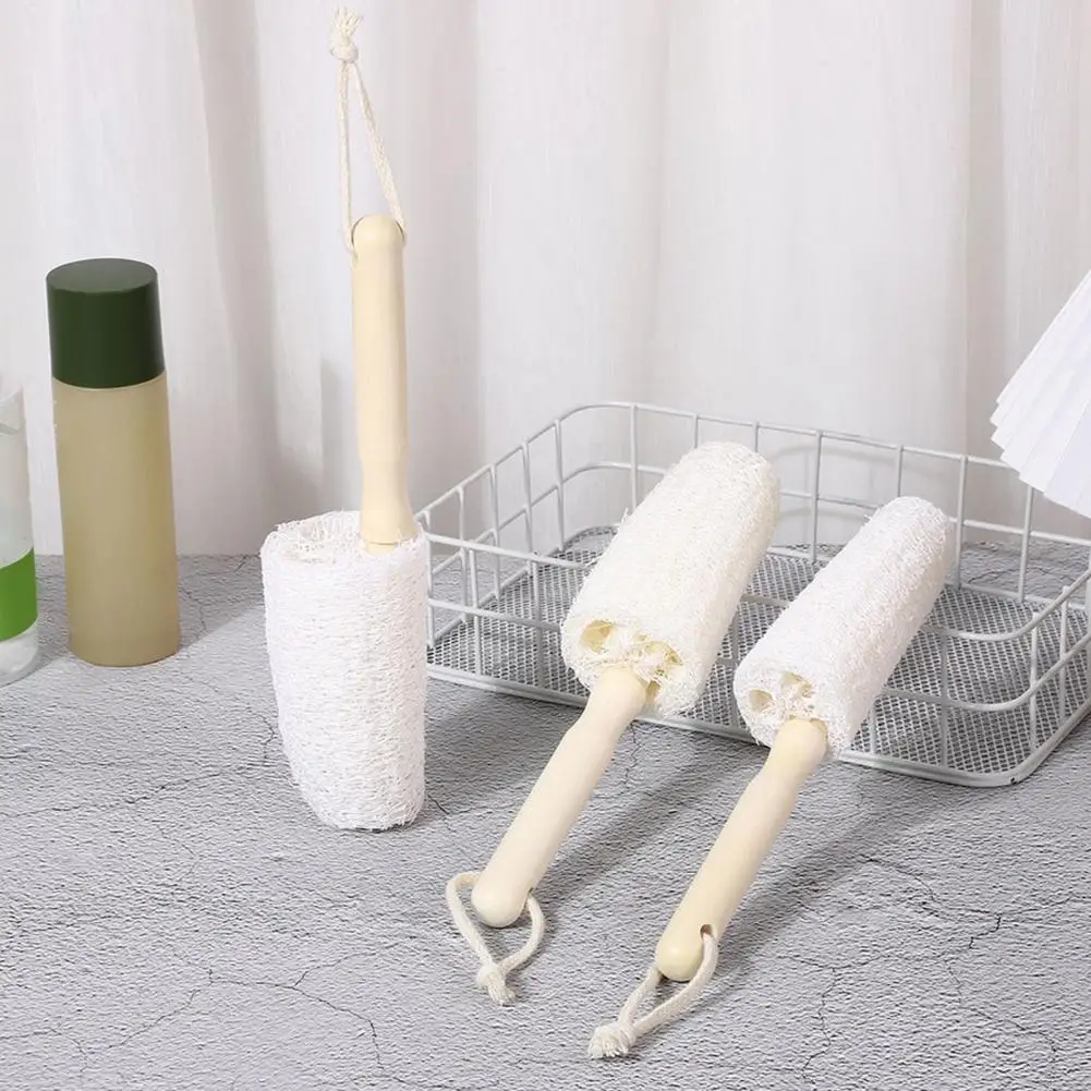 Versatile Bottle Tool Bottle Brush with Long Handle Natural Loofah Bristle Cup Brush with Wooden Handle Lanyard for Bottles