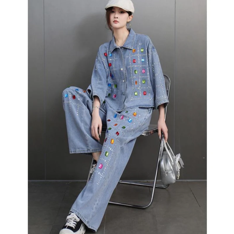 Women Rainbow Diamonds Beaded Denim Shirts Jacket Plaids Drilling Rhinestones Blouse Coat Tops + Wide Legs Pants Jeans 2Pcs Set