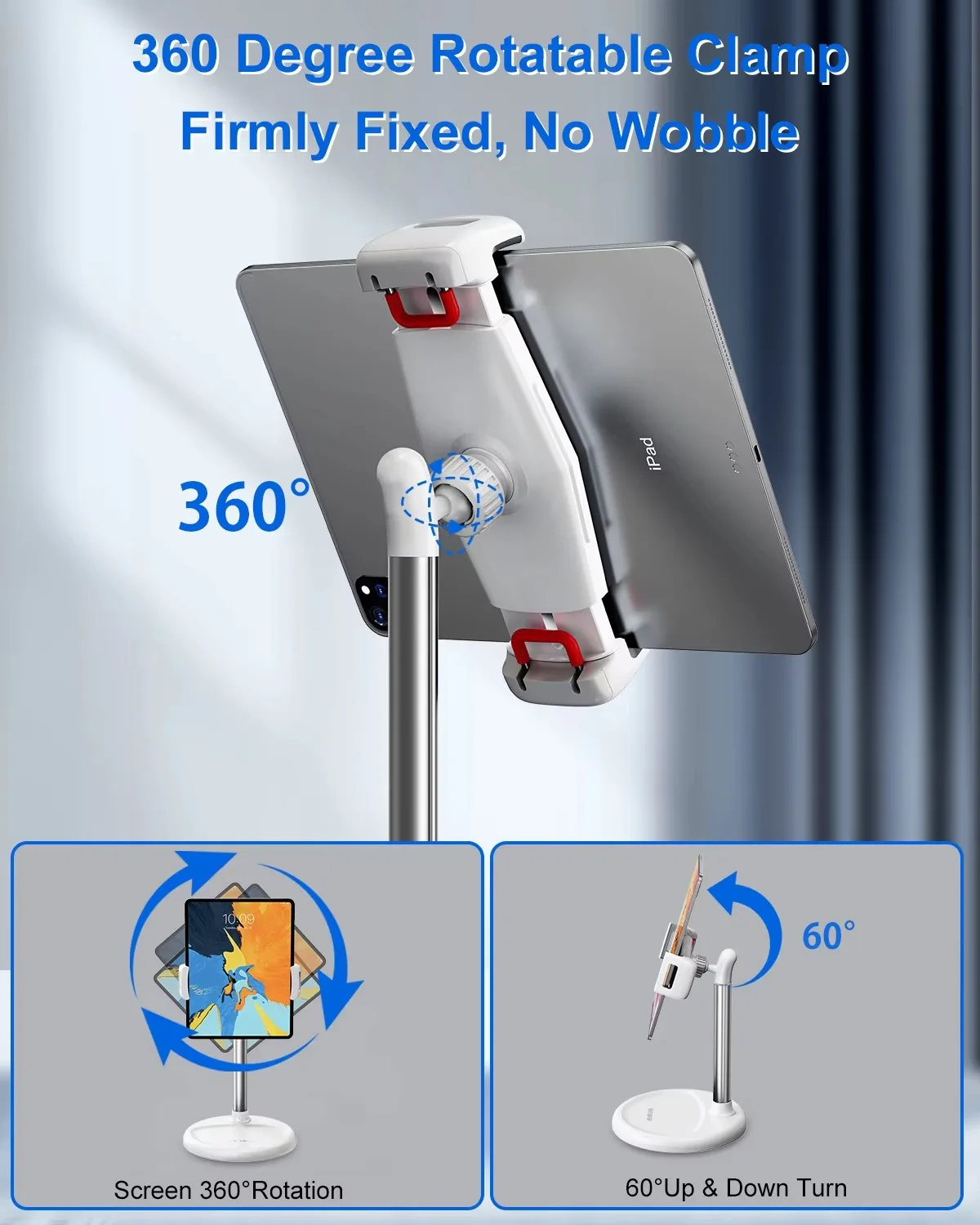 Eary Adjustable Floor Tablet Stand Holder With Stable Metal Base 360° Rotatable Desktop Clip Phone Stand for iPad  4-12.9 Inches