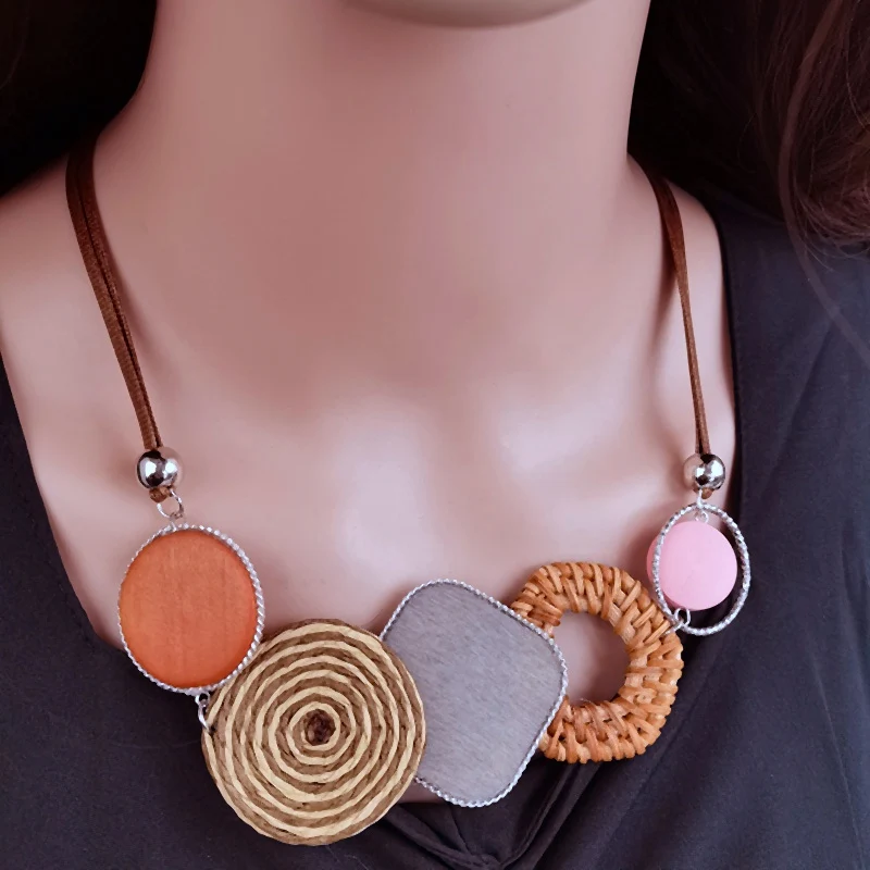 Handmade Ethnic Style Wooden Necklace Pendant with Woven Rattan Design for Women Vintage Statement Bib Neck Collar Jewelry