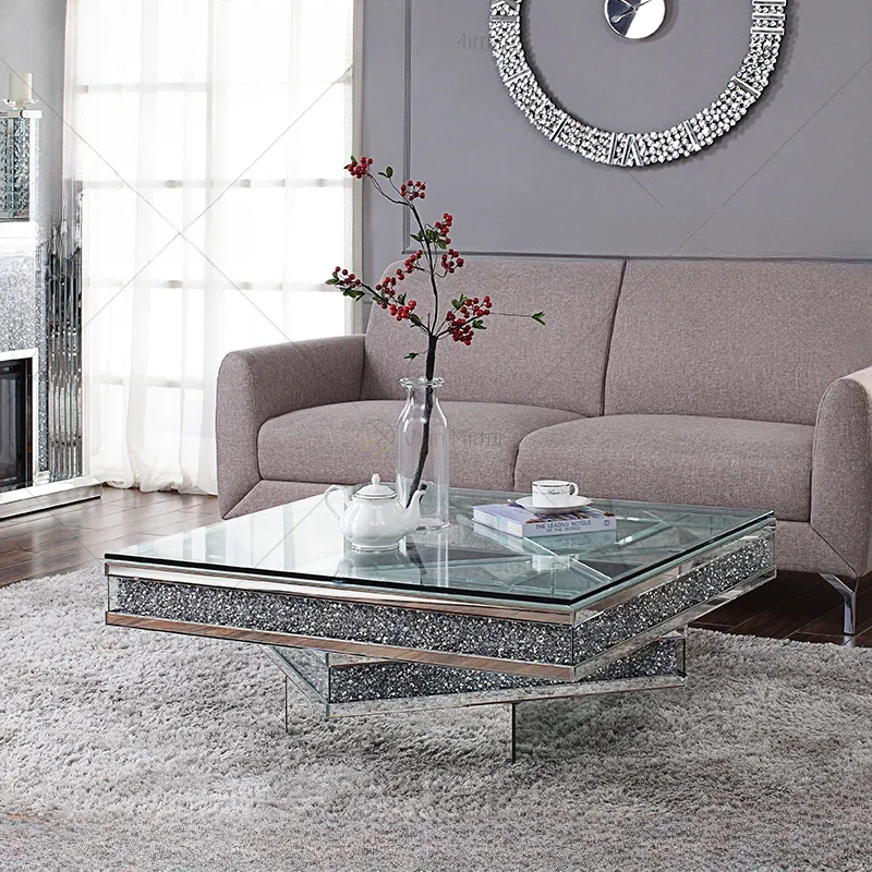 Modern living room glittering broken diamond mirror decorative centre table luxury mirrored silver glass top coffee table