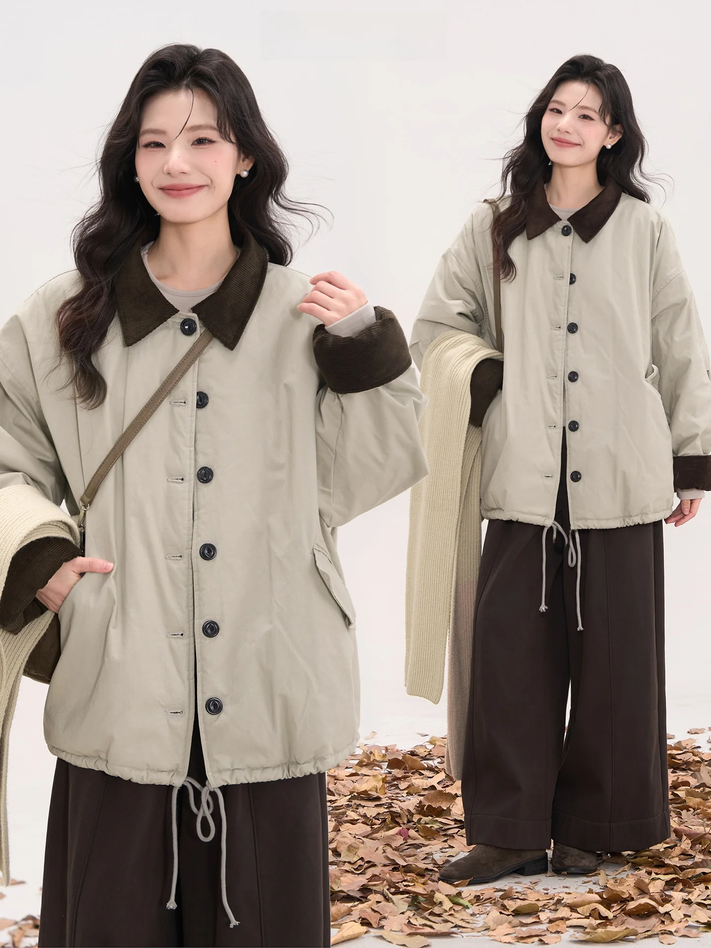 

Heme Autumn Winter Corduroy Parka Jaet with Cotton Stand Collar Splicing Design Long Sve Loose Fit Women's Coat