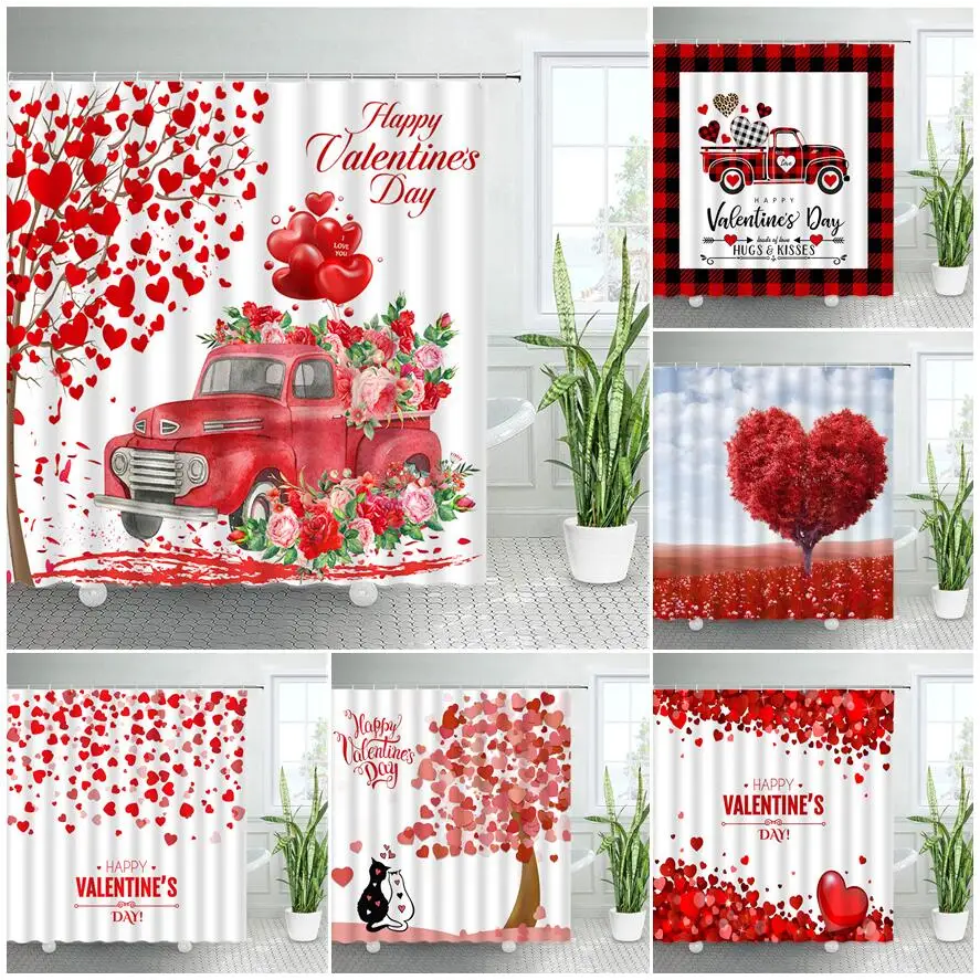 Valentine's Day Shower Curtains Red Truck Rose Flowers Heart Balloon Trees Holiday Gift Fabric Bathroom Decor Bath Curtain Sets