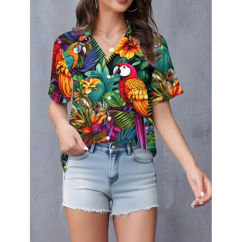 Women'S Short Sleeve Shirt Tropical Parrot Floral Print Casual Fashion Hawaiian Vacation Style Top