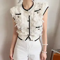 Elegance Temperament Summer Women French Sleeveless Vest Tassels Burr Edge Slim Button All-match Sweet Contrasting Colors Tops