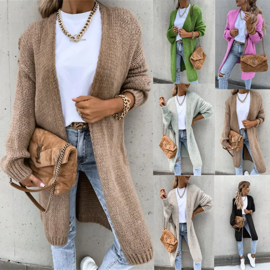 

New Women's Loose Knitted Cardigan Sweater Long Sleeve Solid Color Autumn Winter Coat Casual Comfortable Style