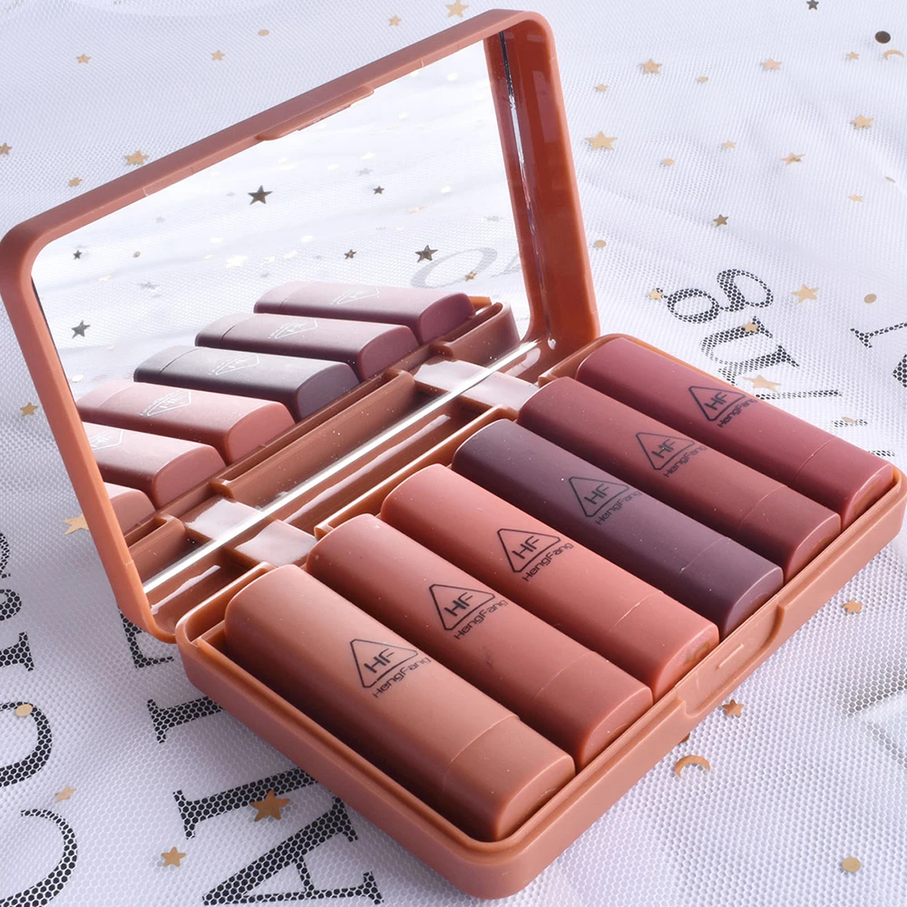 HengFang Kürbis Farbe Matte Langlebig Lippenstift Set Wasserdicht Batom Lip Kit Mit Spiegel Lippen Make-Up Lippenstift TSLM1