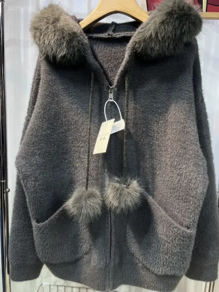 Winter Clothes Furry Hooded Cardigan Jackets Pull Femme Women's Clothing Sueter Mujer Zipper Thicked Casual Knitting Sweater