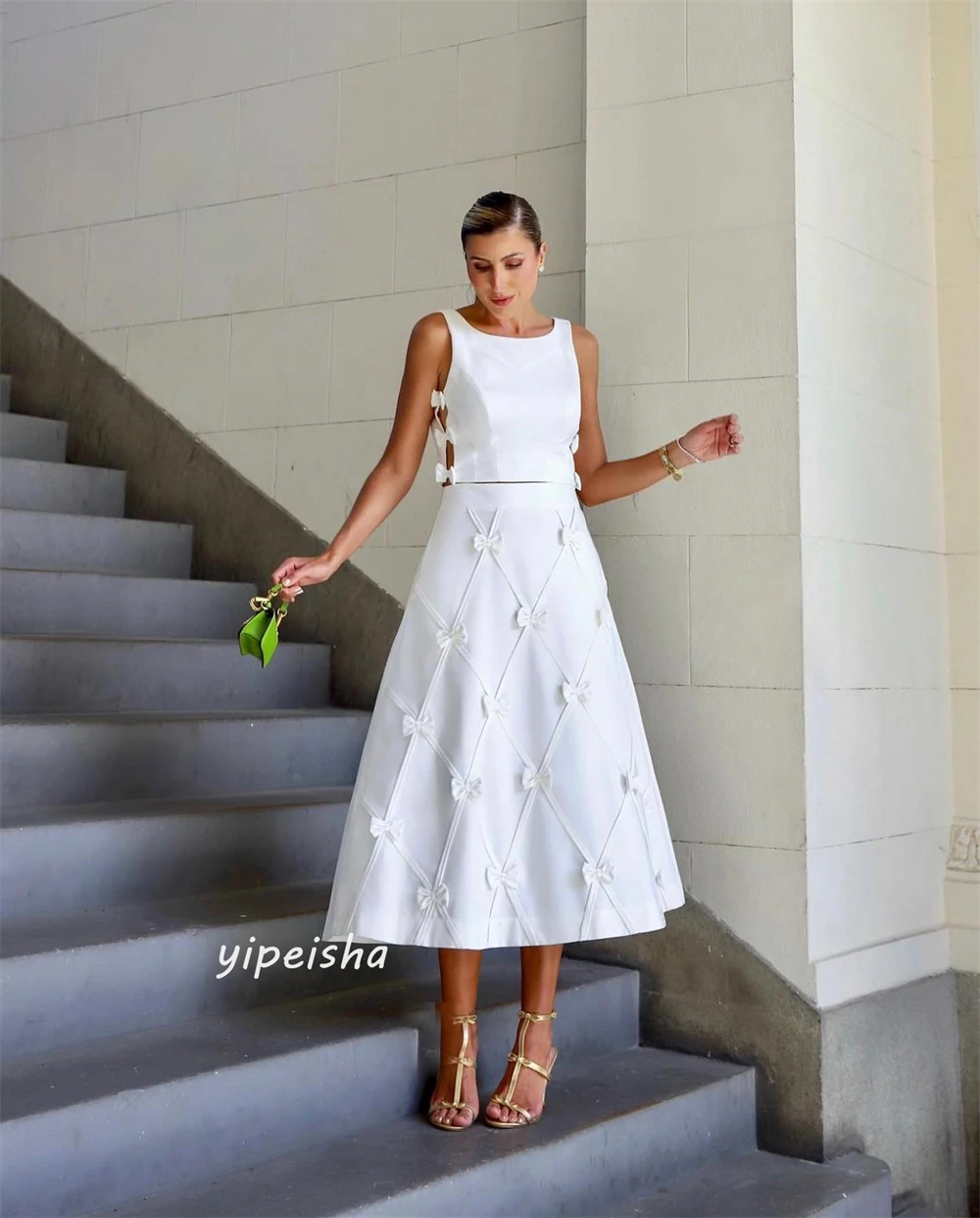 Yipeisha Simple Modern Style Formal Evening Square Collar A-line Bow Tea-Length Satin Bespoke Occasion Dresses