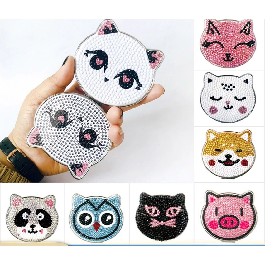 DIY Diamond Painting Mirror Kits Foldable Pocket Mirror Girl's Handy Makeup Mirror Full Drill Gift Cartoon Cat Penguin Doggy Pig