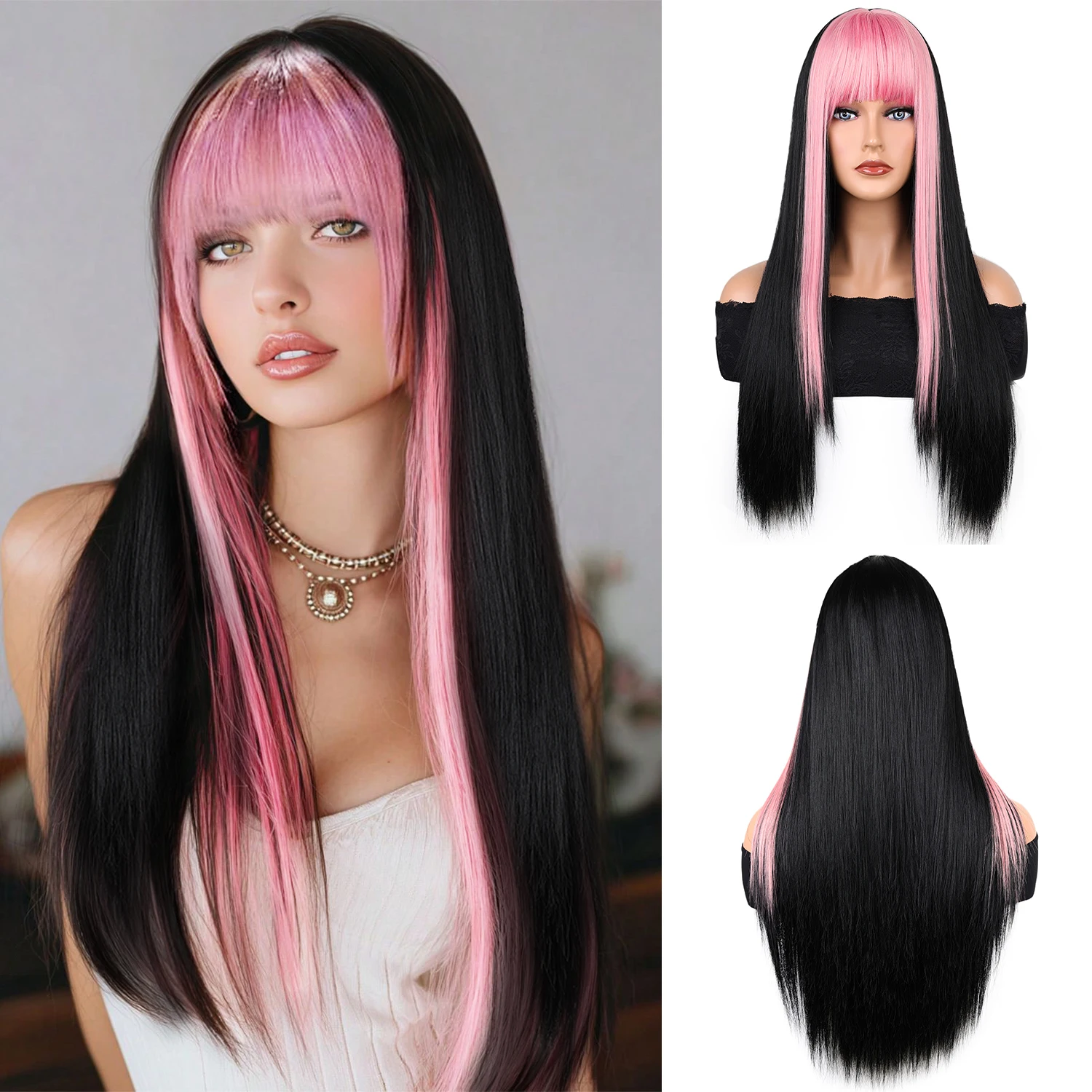 

Long Straight Black Mix Pink Wig With Bangs Y2K Wig Heat Resistant Synthetic Hair Middle Part Wig For Women Girls
