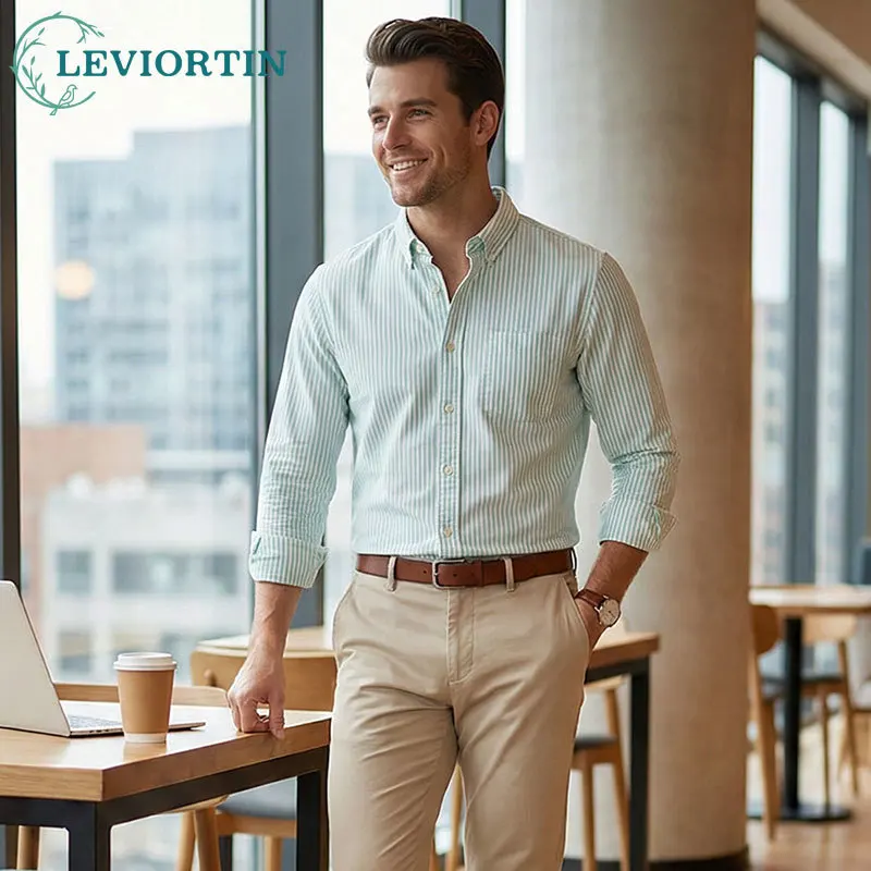 

Men's Cotton Oxford Shirt Spring Summer Long Sleeve Striped Breathable Comfortable Base Layer Outerwear Casual Button Down Shirt